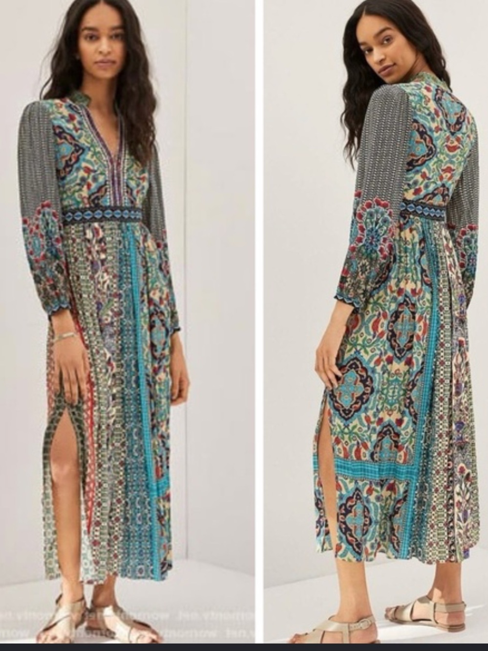 Anthropologie Bhanuni by Jyoti Bohemian Long Sleeve Maxi Dress 14 multicolor